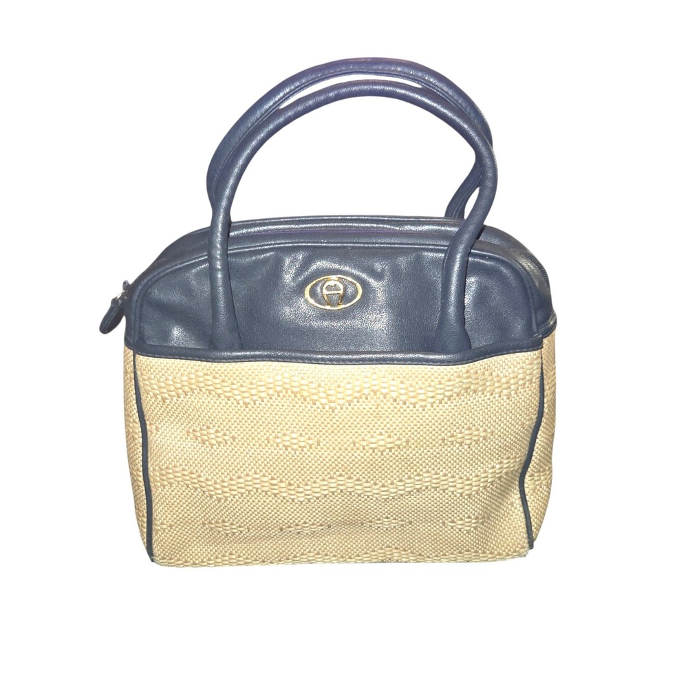 Etienne Aigner VTG Satchel Bag Womens Medium Navy Tan Woven Straw Leather Trim